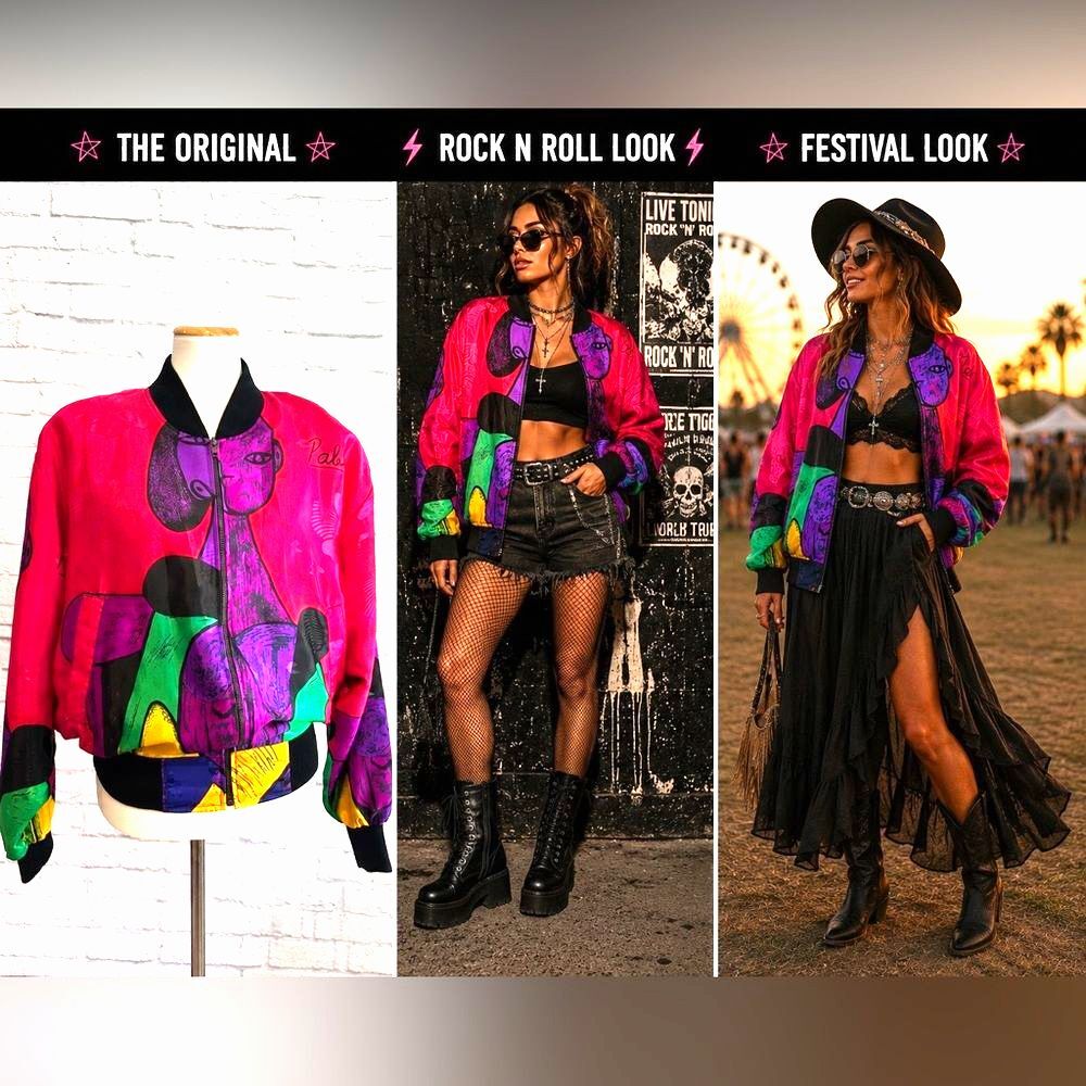 Vibrant Vintag Pink & Purple PICASO Abstract Bomber Jacket size M Y2K, 80’s 90’s